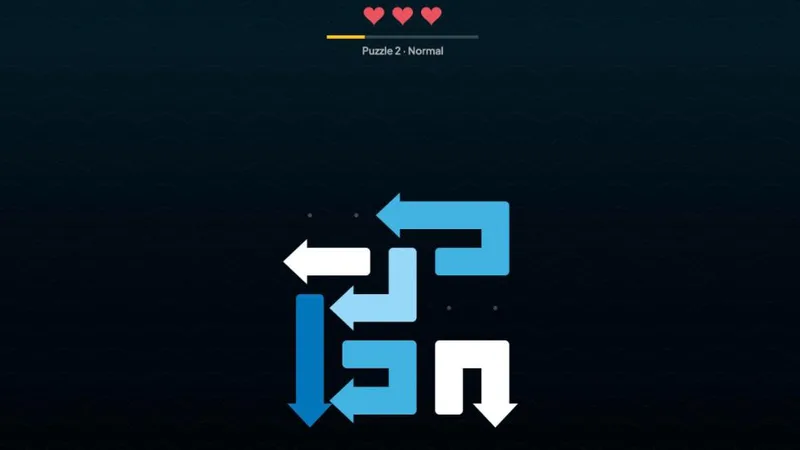 An Arrows puzzle in progress: bent arrows in four colours packed onto a themed board, with three hearts and the puzzle number above it
