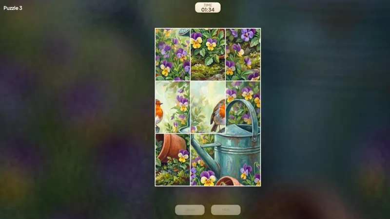 Jigsaw Solitaire board mid-game showing card-shaped picture pieces, with a snapped-together watering can chunk assembled among loose garden pieces