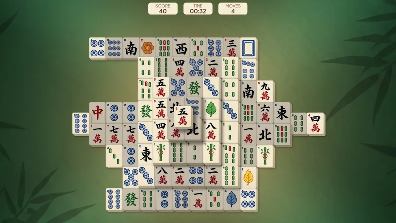 A Turtle layout game of Mahjong Solitaire in progress, with a few pairs already cleared and the score, time and move count above the tiles