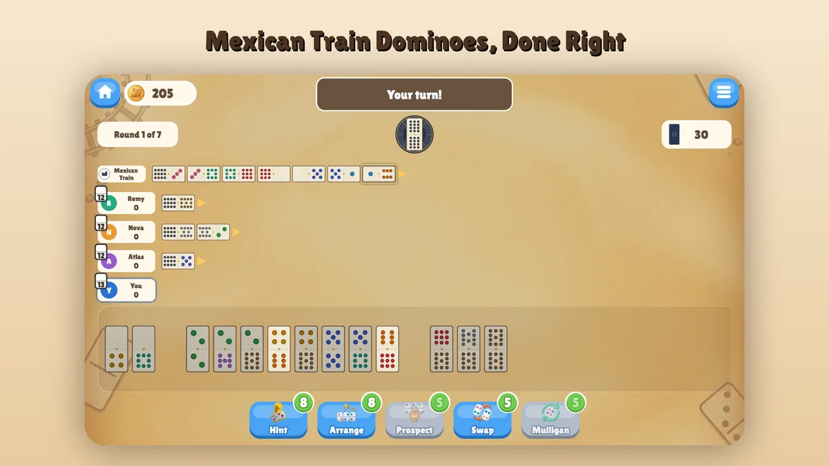 L'appli Train Mexicain (dominos) en pleine manche — le Train Mexicain partagé et le train personnel de chaque joueur partant du double-12 posé au centre