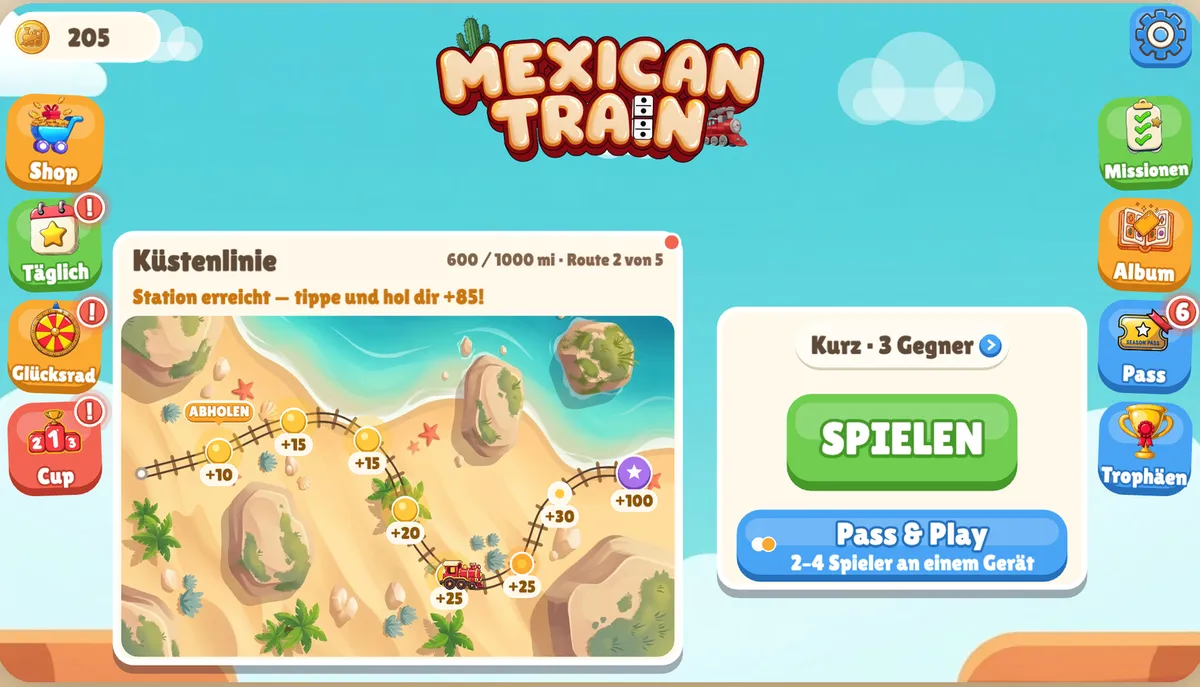 Startbildschirm von Mexican Train Domino: der Play-Button mit der Auswahl von Rundenzahl und Gegnern, ein Pass-&-Play-Schalter für 2–4 Spieler an einem Gerät sowie die Menüs für Tagesherausforderung und Trophäen