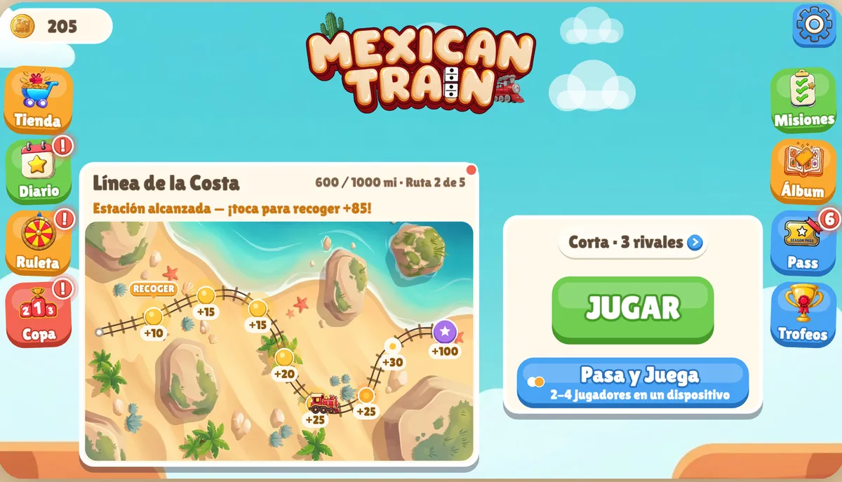 Pantalla de inicio del Dominó Tren Mexicano: el botón de jugar con el selector de duración y número de rivales, un interruptor de Pass & Play para 2–4 personas en un mismo dispositivo, y los menús de reto diario y trofeos
