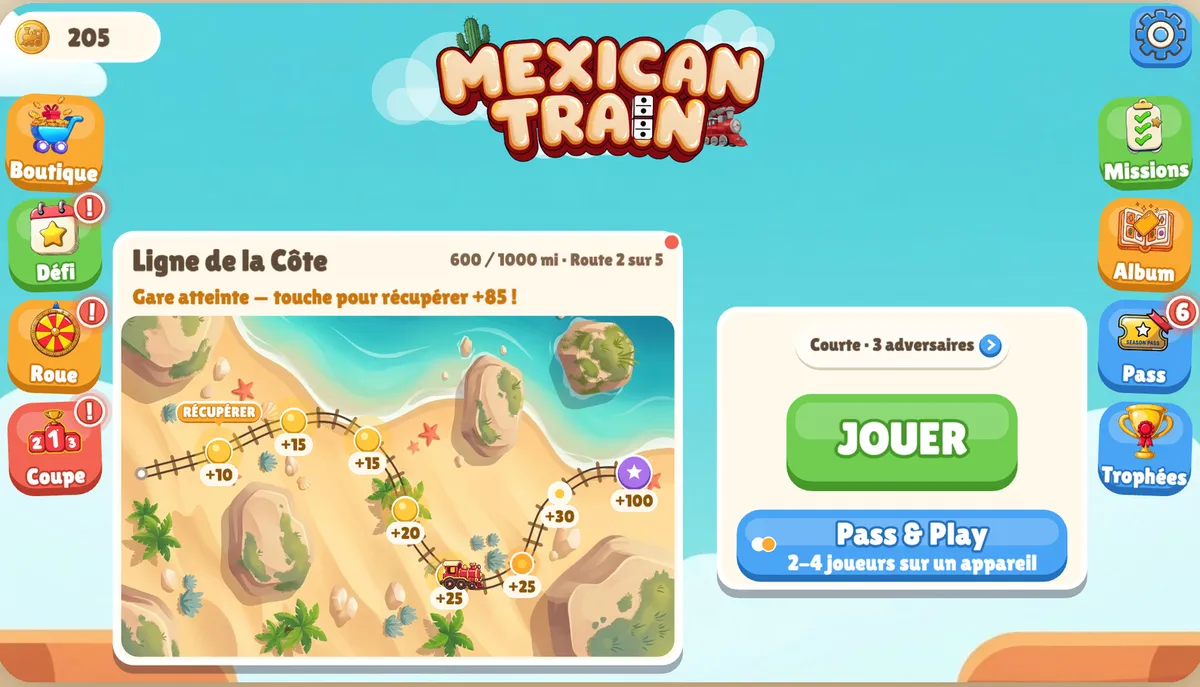 Écran d’accueil du Train Mexicain : le bouton Jouer avec le choix de la durée et du nombre d’adversaires, un interrupteur Pass & Play pour 2 à 4 joueurs sur un seul appareil, et les menus du défi quotidien et des trophées
