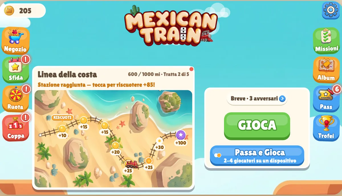 Schermata iniziale di Mexican Train: il pulsante Gioca con la scelta della durata e del numero di avversari, l’interruttore Pass & Play per 2–4 persone sullo stesso dispositivo e i menu della sfida quotidiana e dei trofei