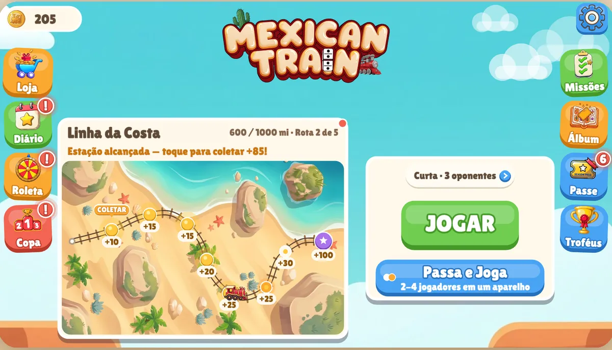 Tela inicial do Dominó Trem Mexicano: o botão Jogar com a escolha de duração e número de adversários, um botão Pass & Play para 2 a 4 pessoas no mesmo aparelho e os menus de desafio diário e troféus