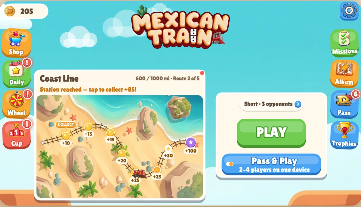 Mexican Train Dominoes setup screen: the Play button with the match length and opponent count picker, a Pass & Play toggle for 2–4 players on one device, and the daily challenge and trophies menus