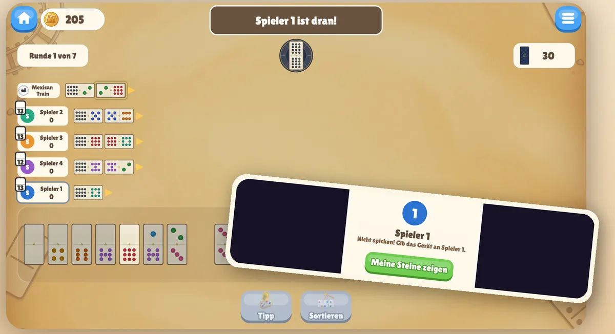 Pass-&-Play-Modus in Mexican Train Domino: ein Übergabebildschirm verdeckt die Steine und fordert dazu auf, das Gerät ohne Spicken an Spieler 2 weiterzugeben