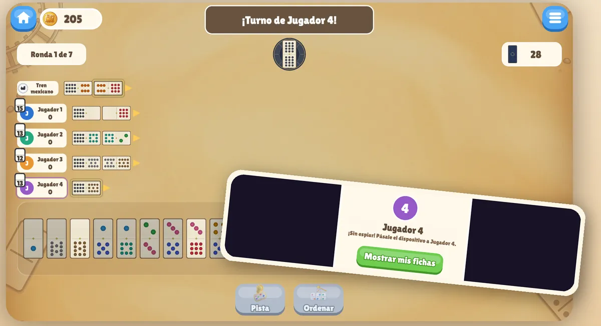 Modo Pass & Play del Dominó Tren Mexicano: una pantalla de relevo tapa las fichas y pide que se entregue el dispositivo al jugador 2 sin que nadie espíe