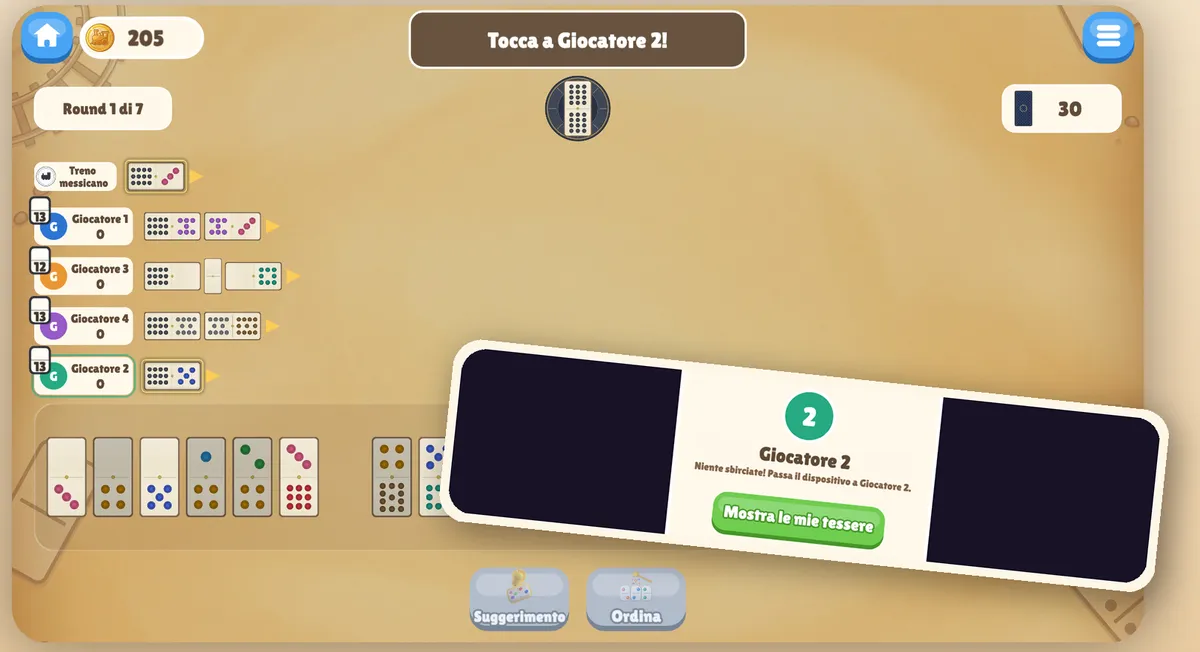 Modalità Pass & Play di Mexican Train: una schermata di passaggio copre le tessere e invita a consegnare il dispositivo al giocatore 2 senza sbirciare