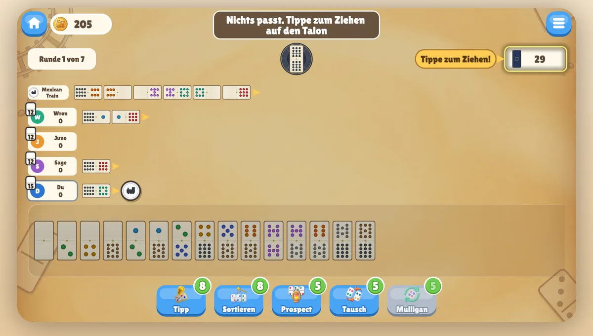 Laufende Runde Mexican Train Domino: der gemeinsame Mexican Train und die persönlichen Züge der Spieler gehen von der Lokomotive in der Mitte aus, darunter deine eigenen Steine