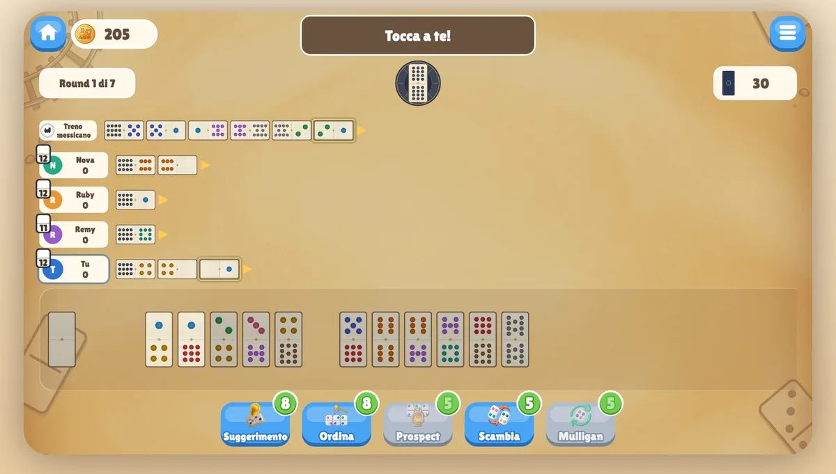 Round di Mexican Train in corso: il Mexican Train condiviso e il treno personale di ogni giocatore partono dalla locomotiva centrale, con le tue tessere in basso