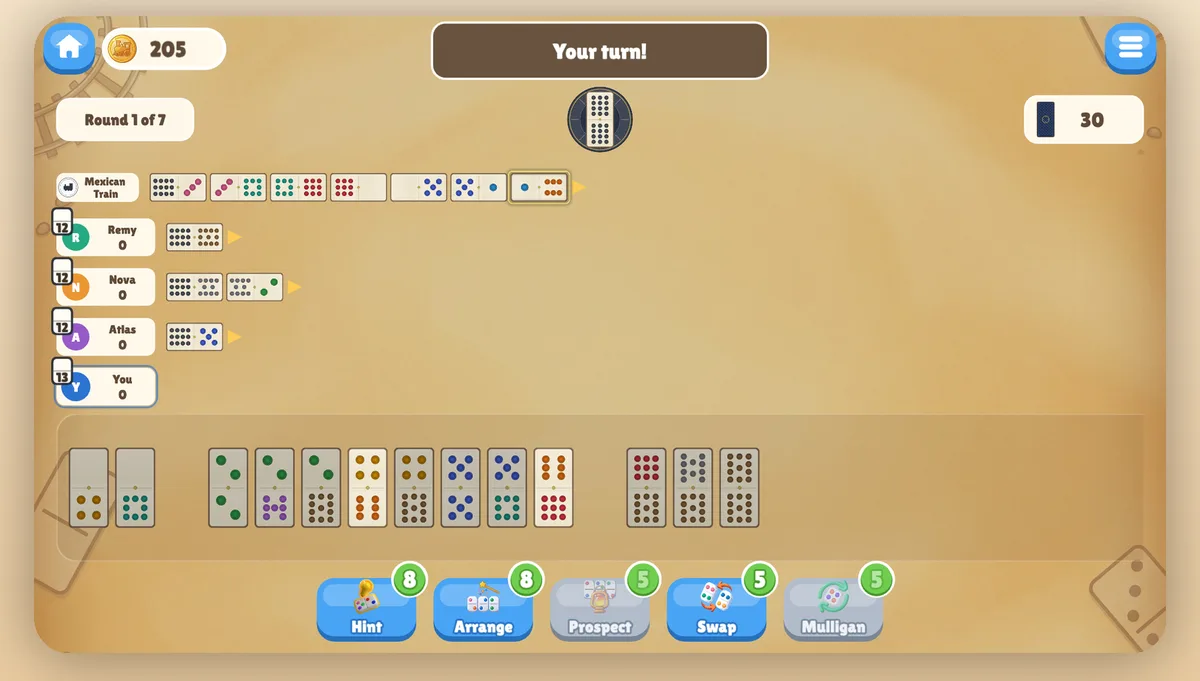 Mexican Train Dominoes game in progress: the shared Mexican Train and each player's personal train branching from the central double-12 engine, with your hand of tiles along the bottom
